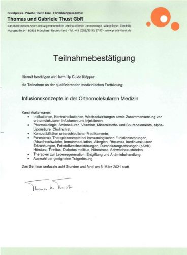 Zertifikat Guido Klöpper Infusionskonzepte